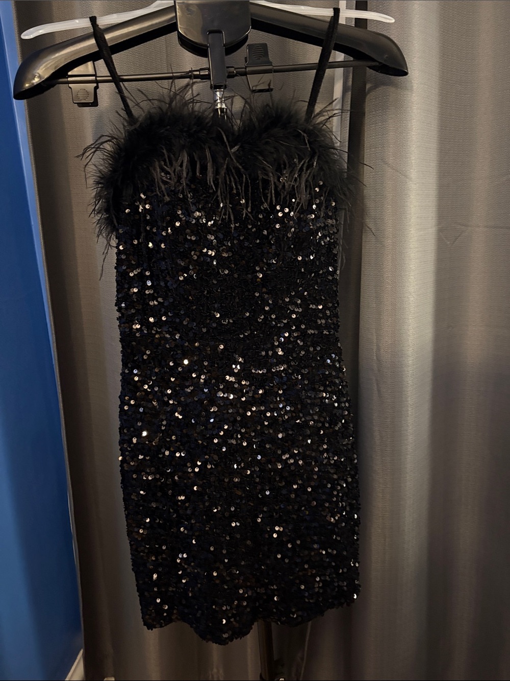 Black Sequin Feather-Trim Dress